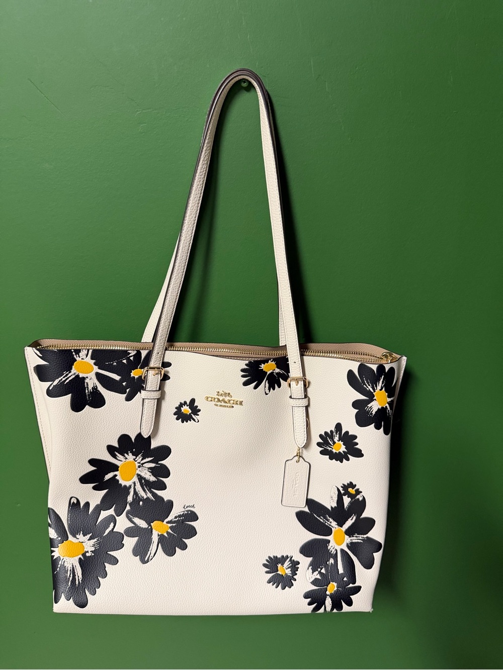 Coach Cream Leather Tote with Black and Yellow Floral Print